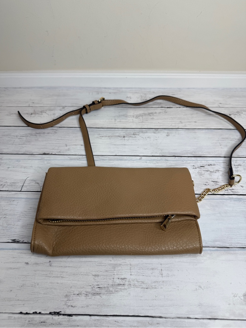 INC International Concepts Tan Leather Fold-Over Crossbody